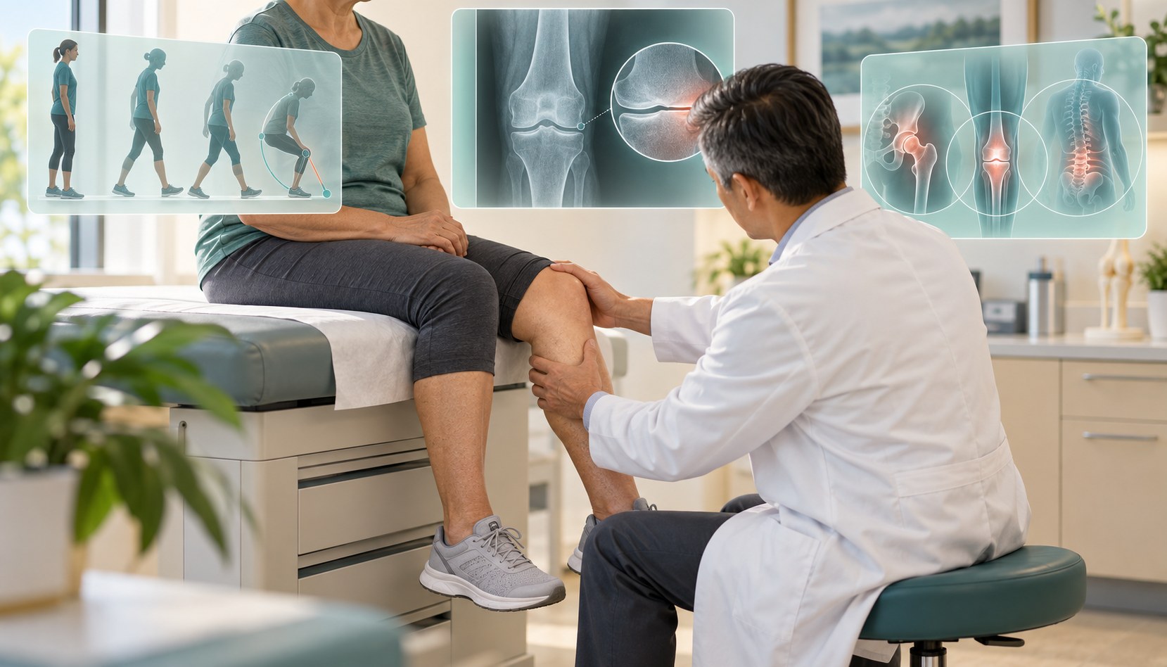 Clinician examining a patient's knee with visual references to gait, a standing knee X-ray, and possible pain sources from the hip, knee, and lower back.