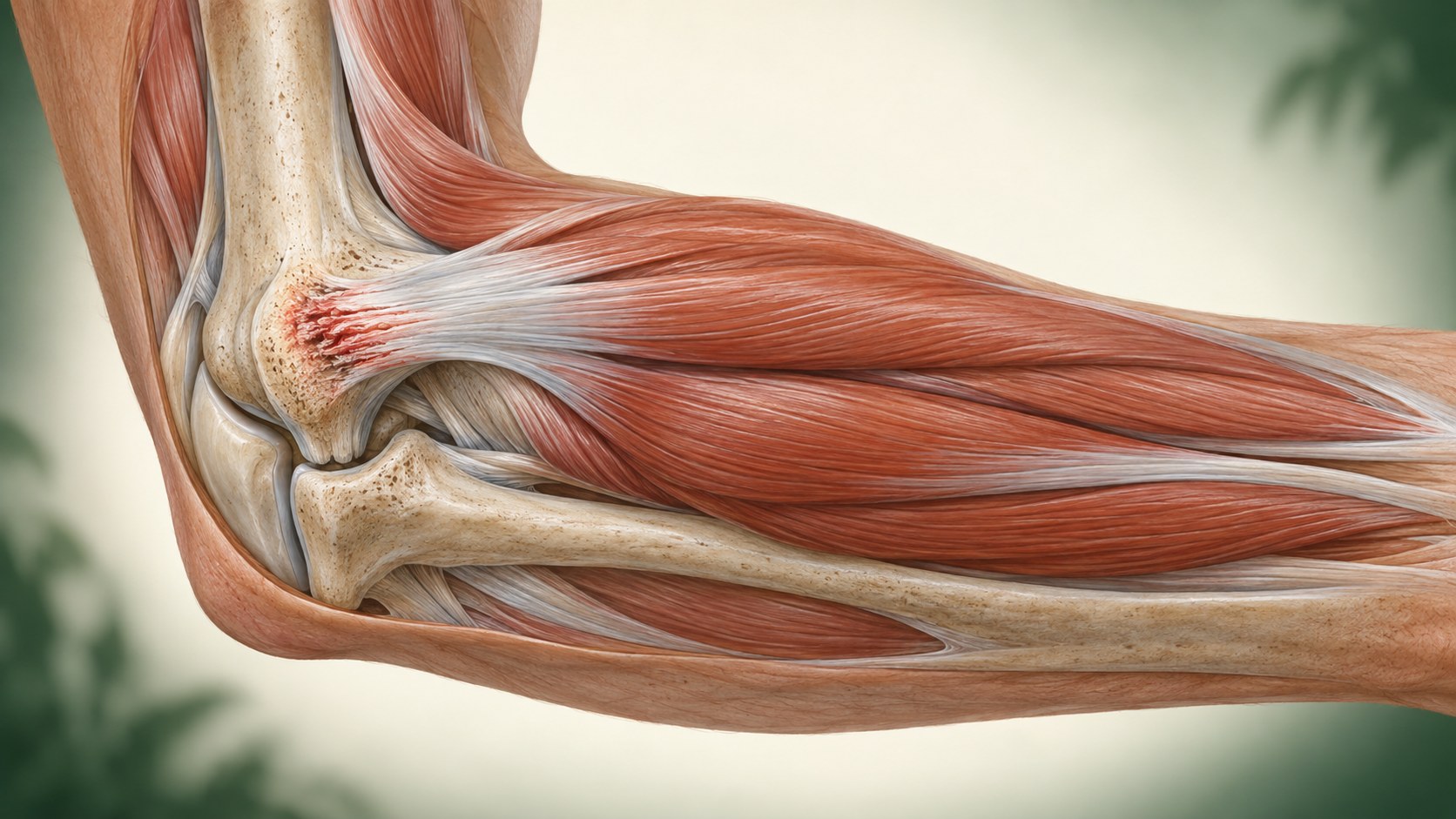 Cutaway of the lateral elbow showing the common extensor tendon origin and localized tendinopathic fiber change.