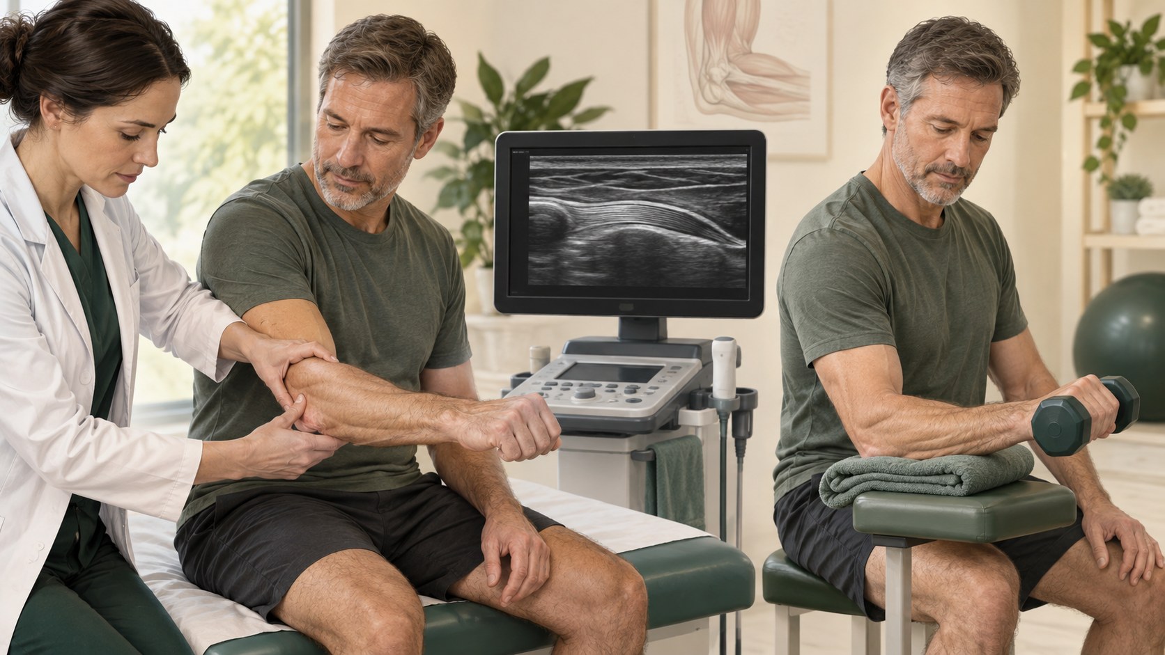 Clinical elbow examination, ultrasound assessment, and controlled wrist-extensor loading exercise.