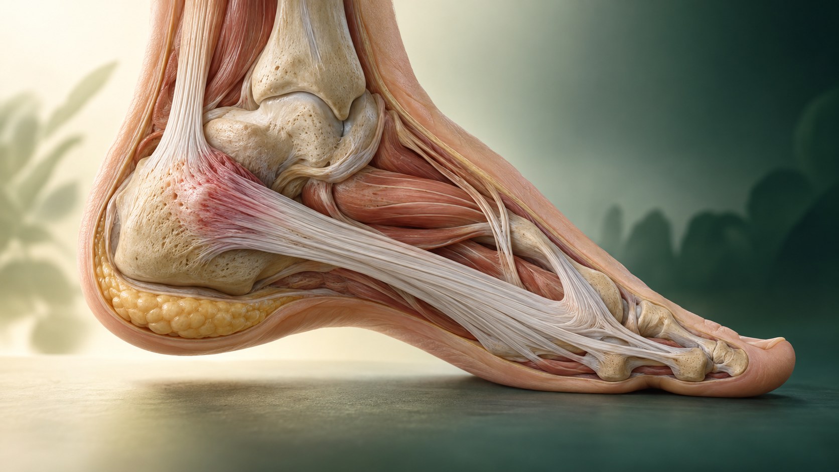 Cutaway of the plantar fascia, heel fat pad, and medial calcaneal origin with localized fascial change.