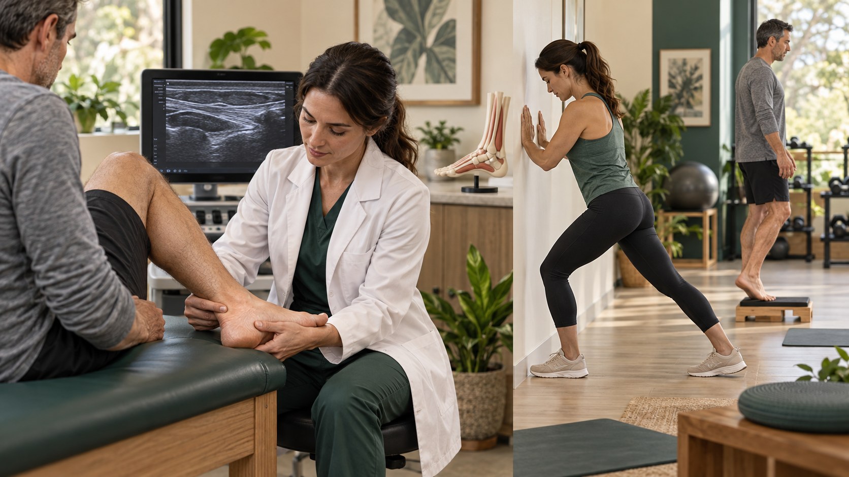 Plantar heel examination, ultrasound assessment, stretching, and progressive foot loading.