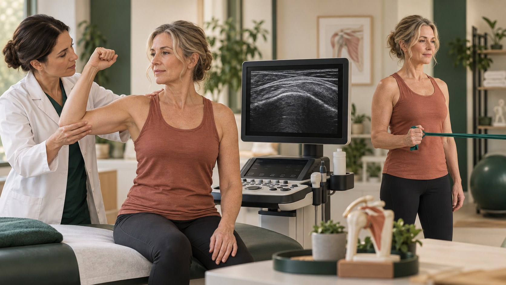 Shoulder strength examination, ultrasound assessment, and controlled rehabilitation.