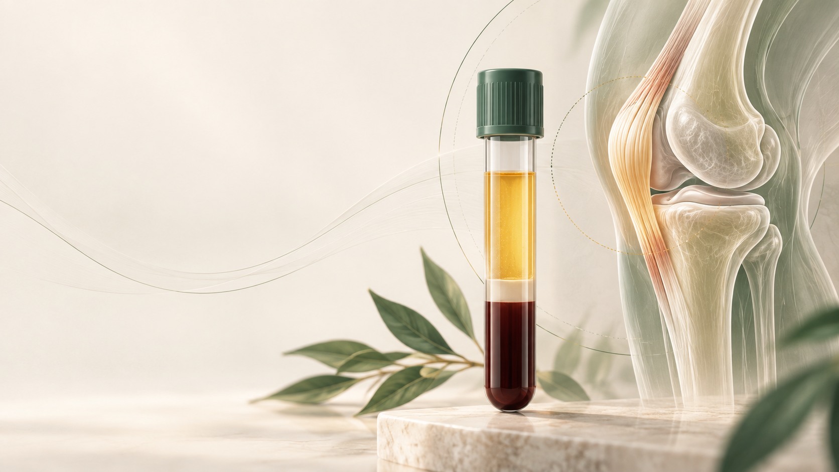A PRP sample tube beside a conceptual illustration of a knee joint and tendon