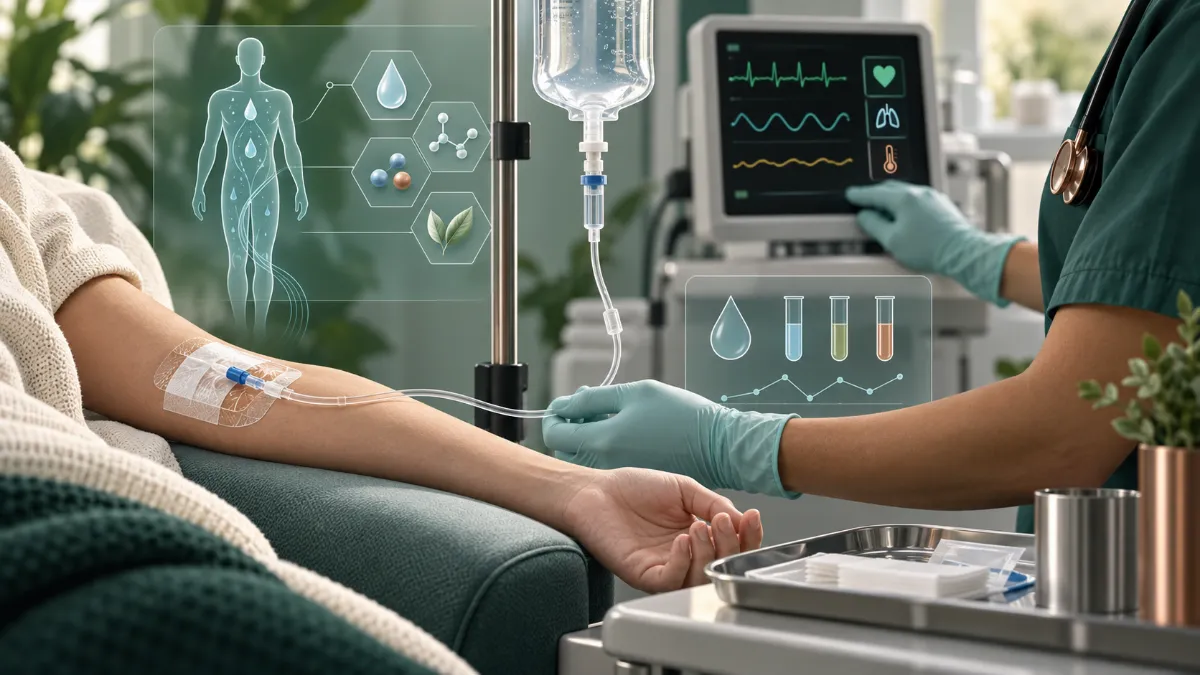 Illustration of a monitored peripheral IV infusion with sterile supplies and clinical screening