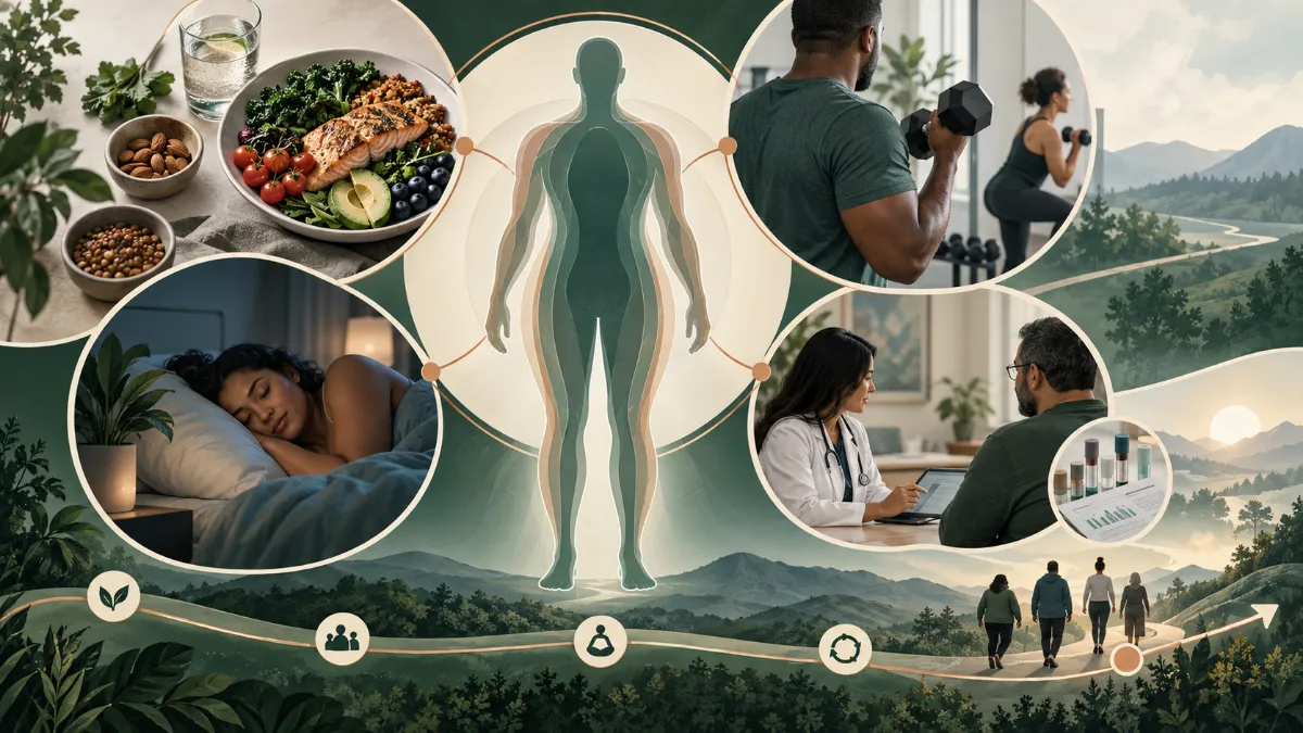 Inclusive illustration of nutrition, resistance training, sleep, medical review, and long-term weight management