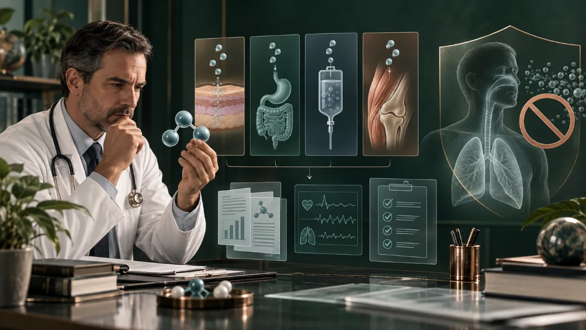Illustrated physician review of joint ozone therapy, evidence, monitoring, and respiratory safety