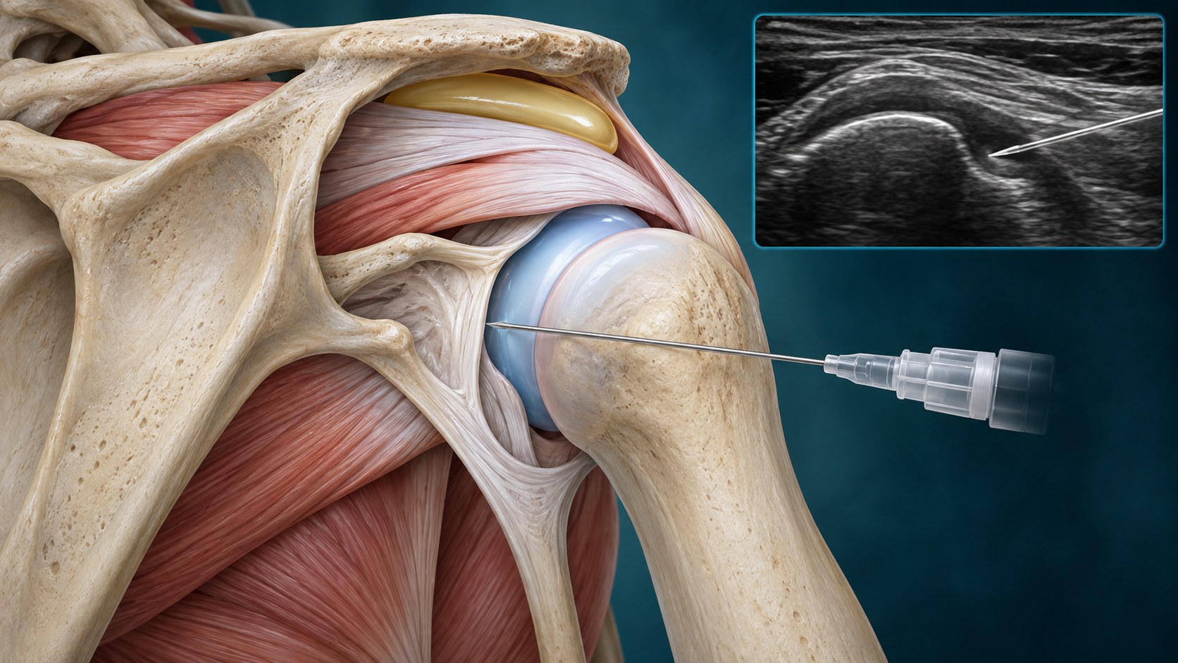 Medical illustration of an image-guided shoulder joint injection target.