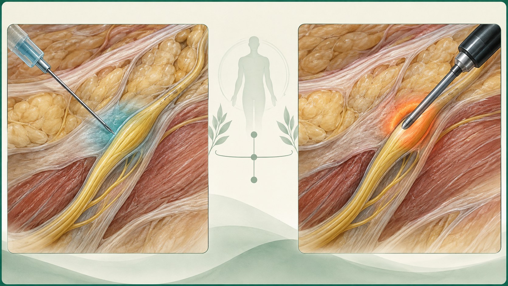 Medical illustration comparing peripheral nerve block and radiofrequency target concepts.