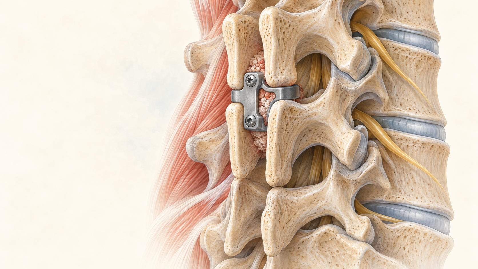 Medical illustration of lumbar anatomy and an interspinous-interlaminar stabilization target.