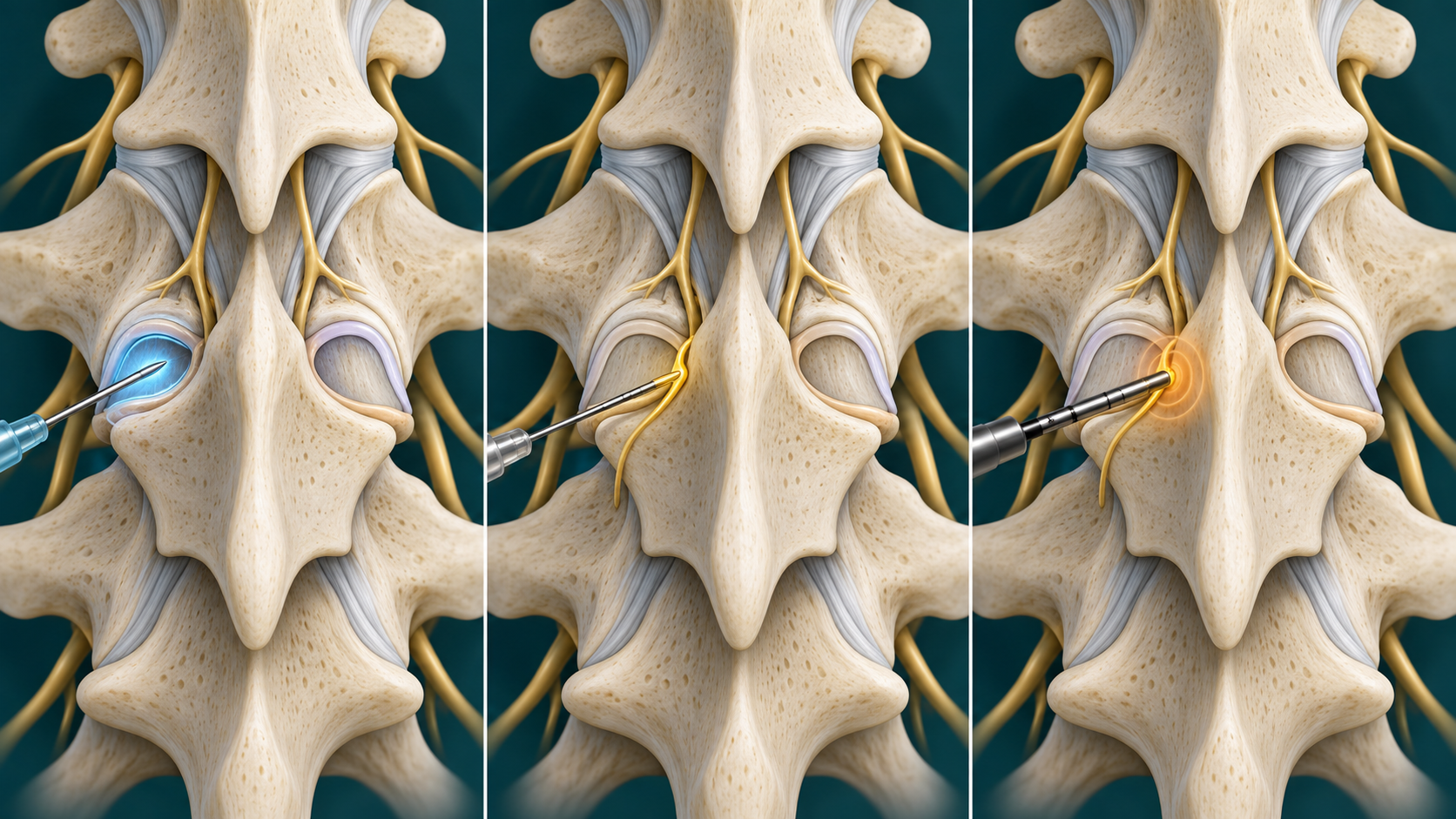 Medical illustration comparing facet injection, medial branch block, and radiofrequency targets.