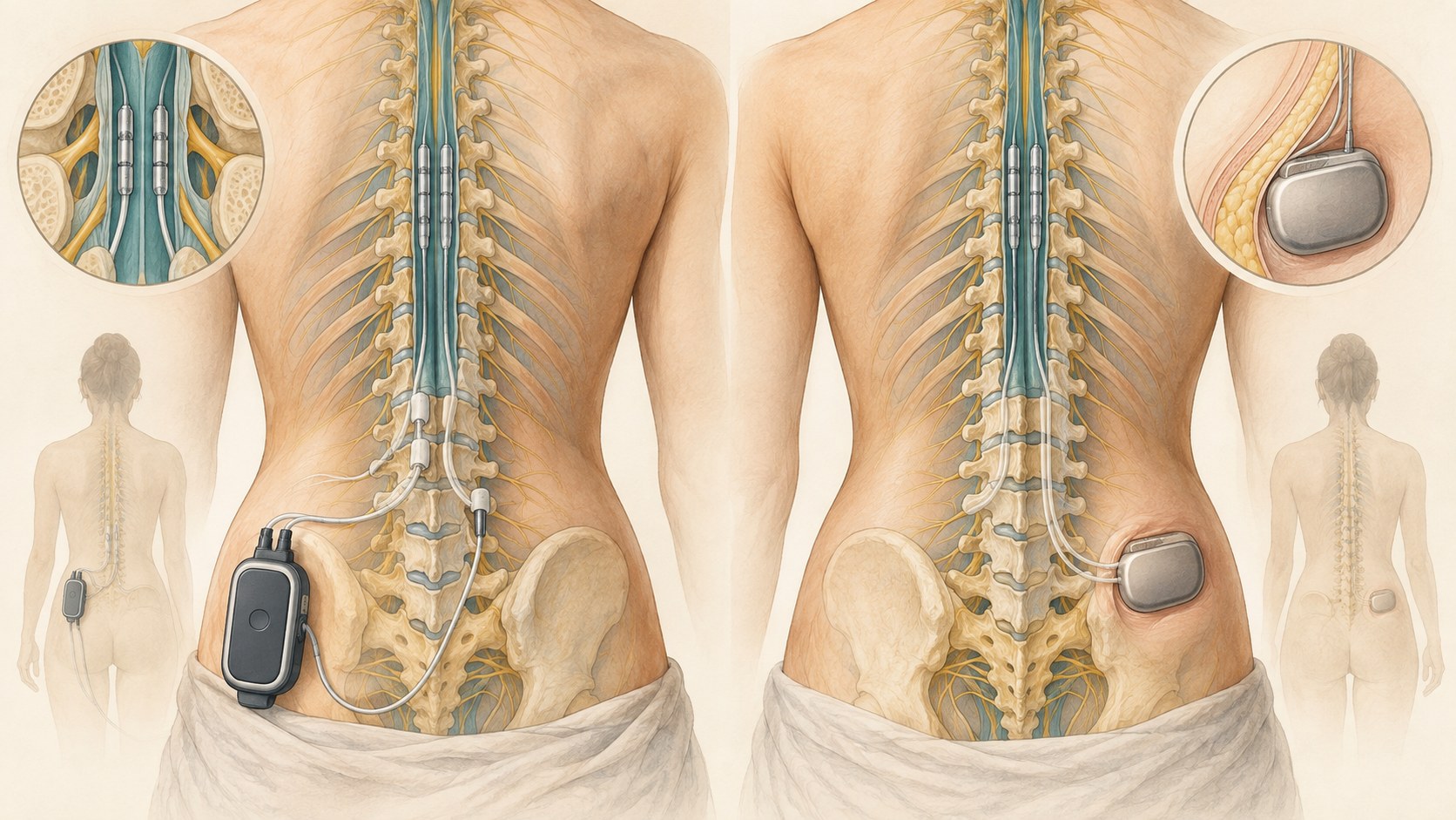Medical illustration comparing temporary and implanted spinal cord stimulation leads and pulse-generator pathways.