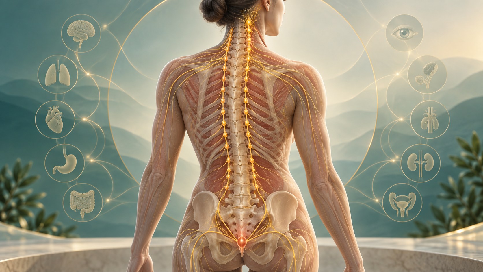 Medical-editorial illustration of the sympathetic chain from the cervical region toward the coccyx.