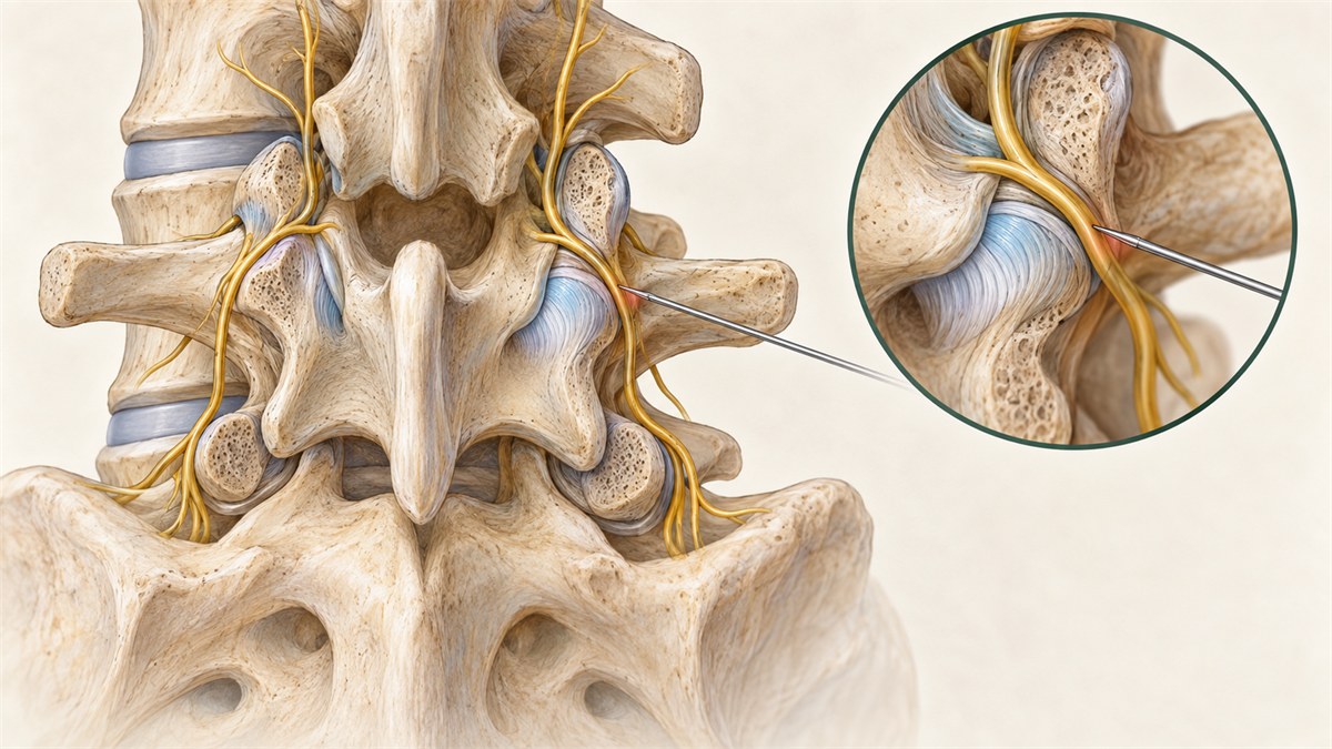 Posterior-oblique lumbar spine illustration showing facet joints and nearby medial branch nerve pathways evaluated by a diagnostic block