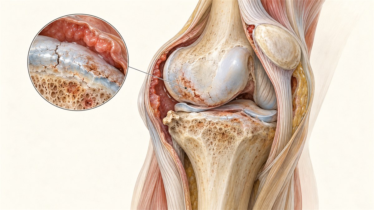 Medical illustration of an osteoarthritic knee with a magnified view of cartilage wear and degenerative joint-surface changes