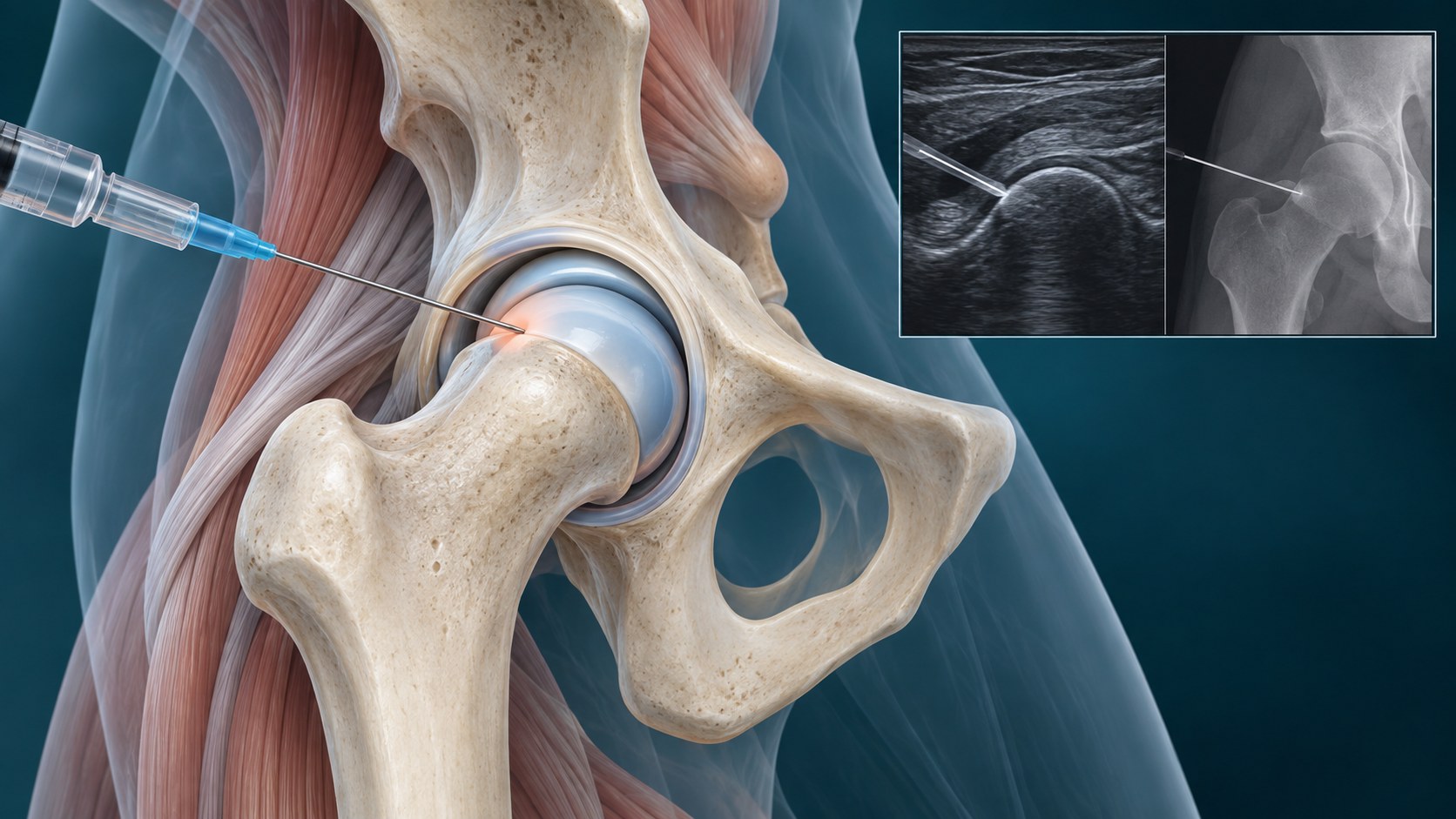 Image-guided needle approaching the hip joint.
