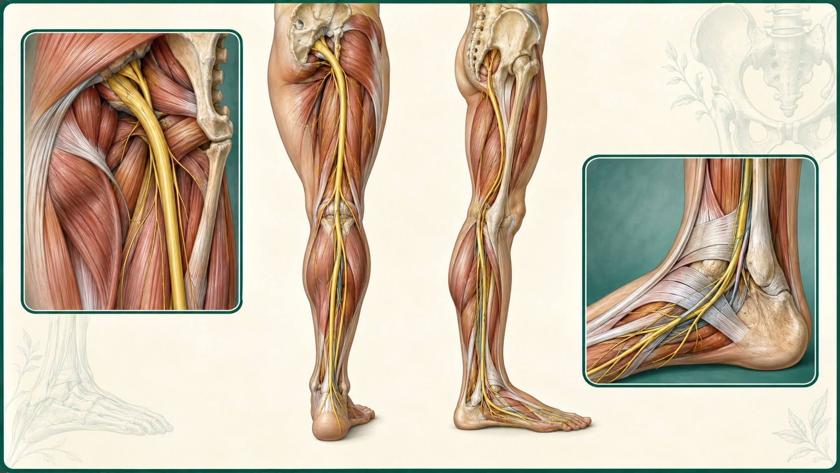 Sciatic and tibial nerve pathways from the pelvis through the ankle and foot.