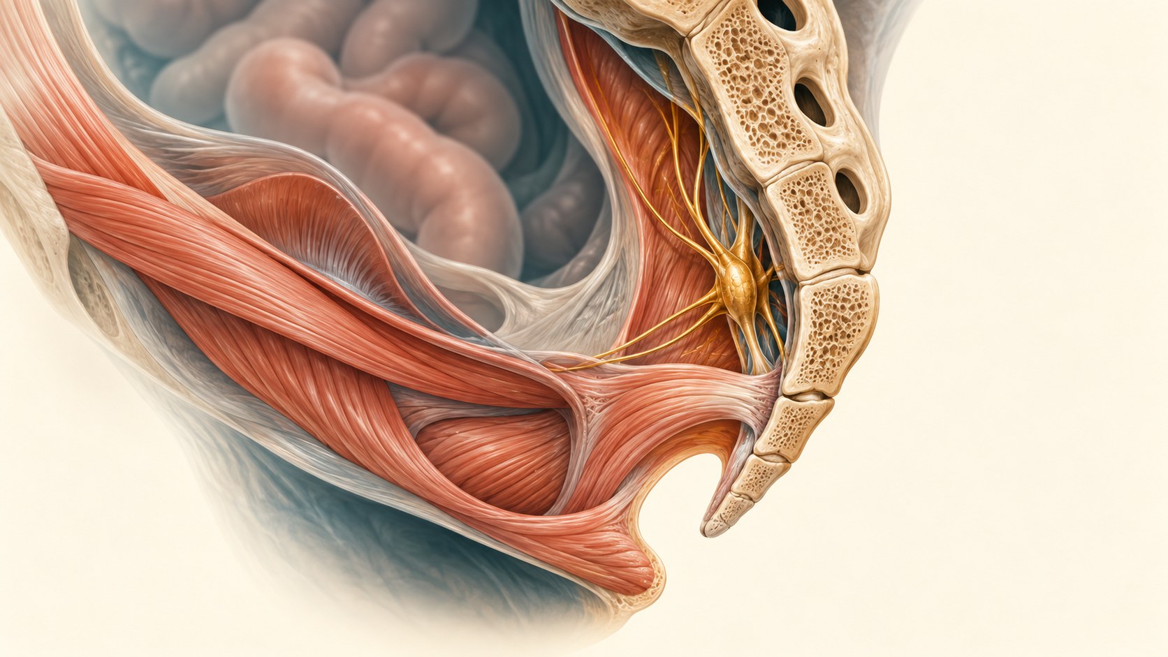 Sagittal pelvic anatomy showing the coccyx and terminal sympathetic region anterior to the sacrococcygeal area.