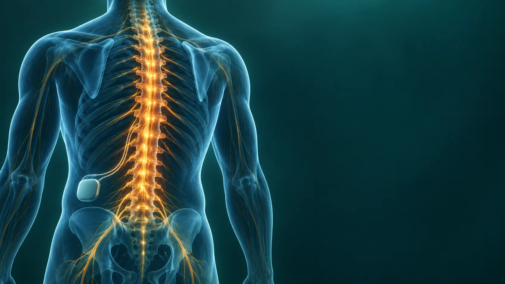 Conceptual illustration of the spine and neural pathways used to represent neuromodulation