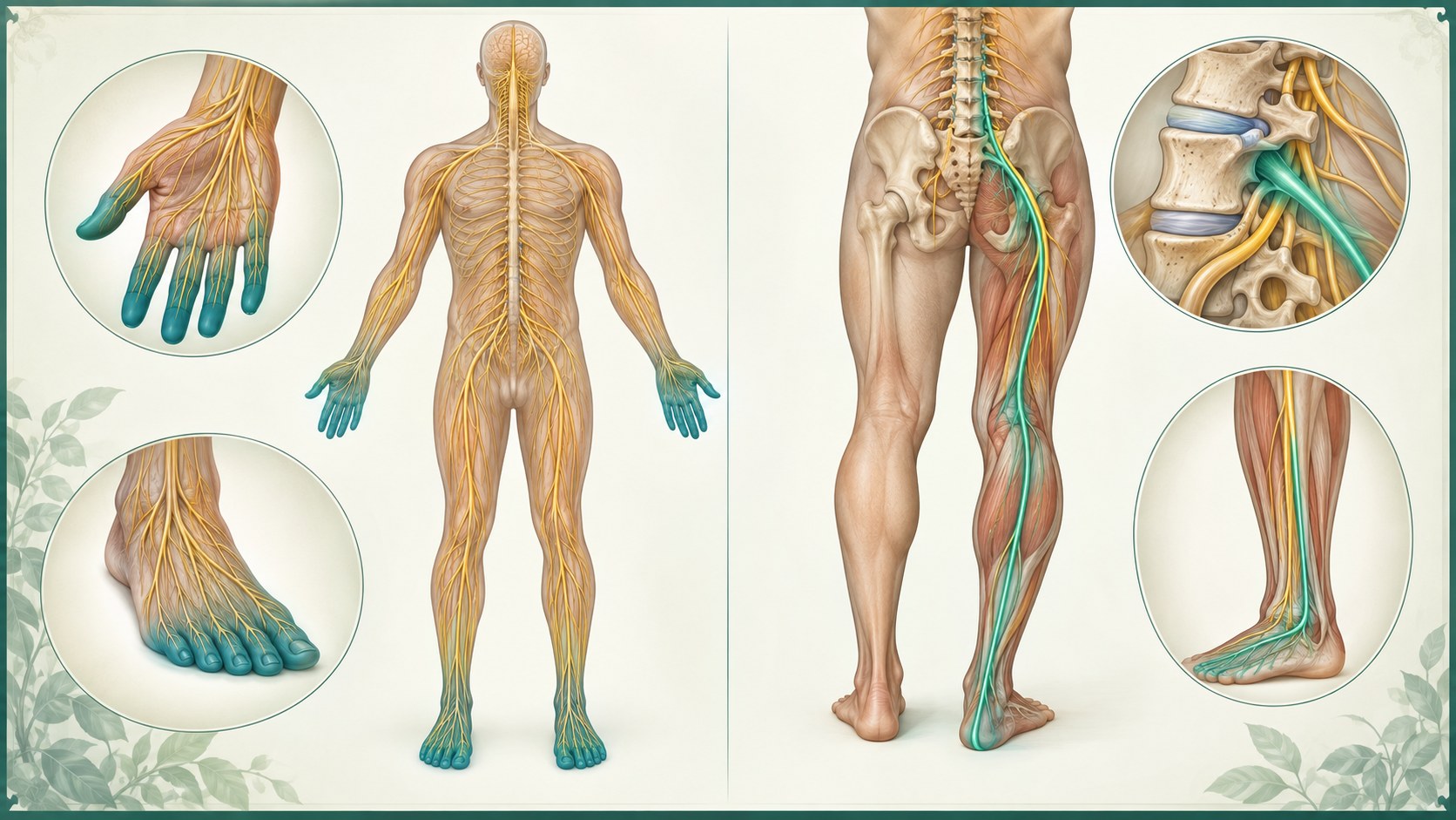 Length-dependent peripheral neuropathy and nerve-root radiculopathy patterns shown side by side.
