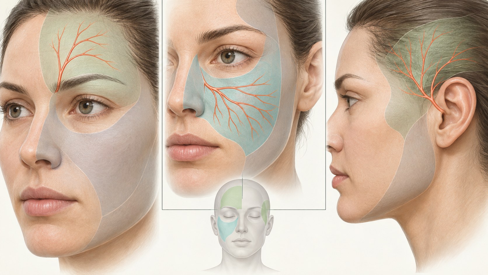 Supraorbital, infraorbital, and auriculotemporal sensory regions shown in distinct facial distributions.