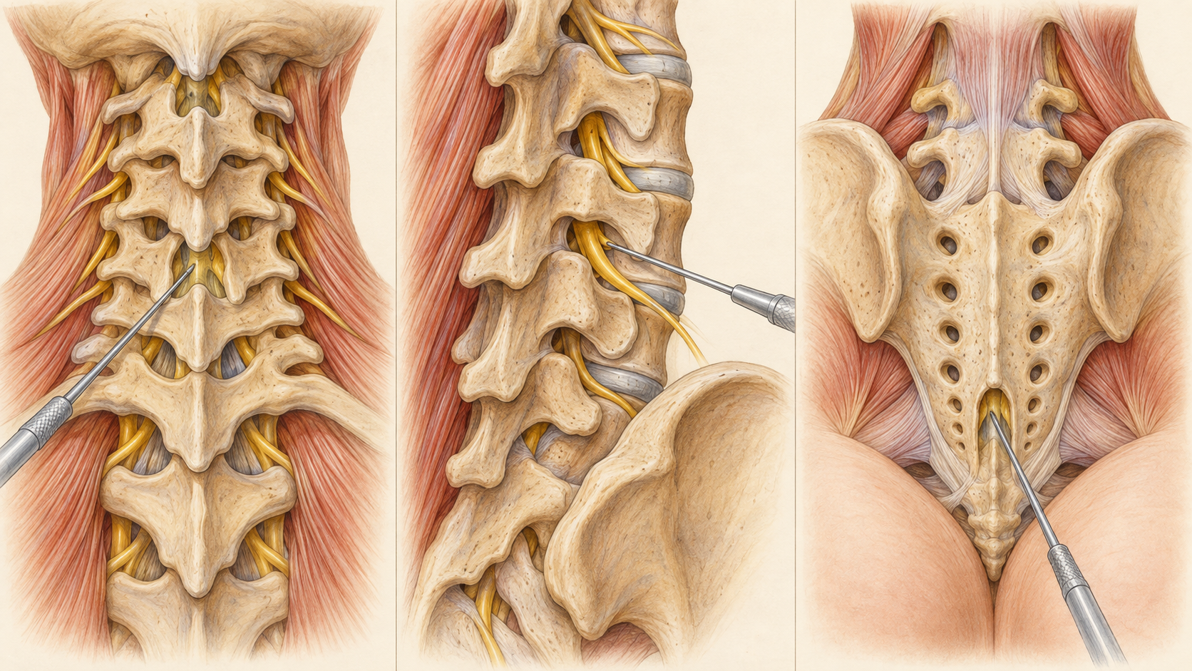 Medical illustration comparing cervical, lumbar, and caudal epidural injection approaches.