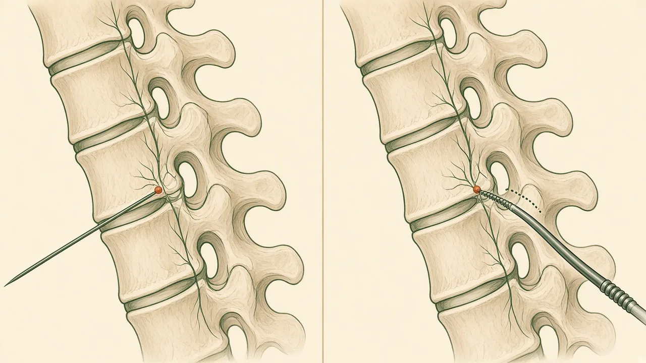 Split-panel illustration comparing a lumbar medial branch block needle with a radiofrequency probe.