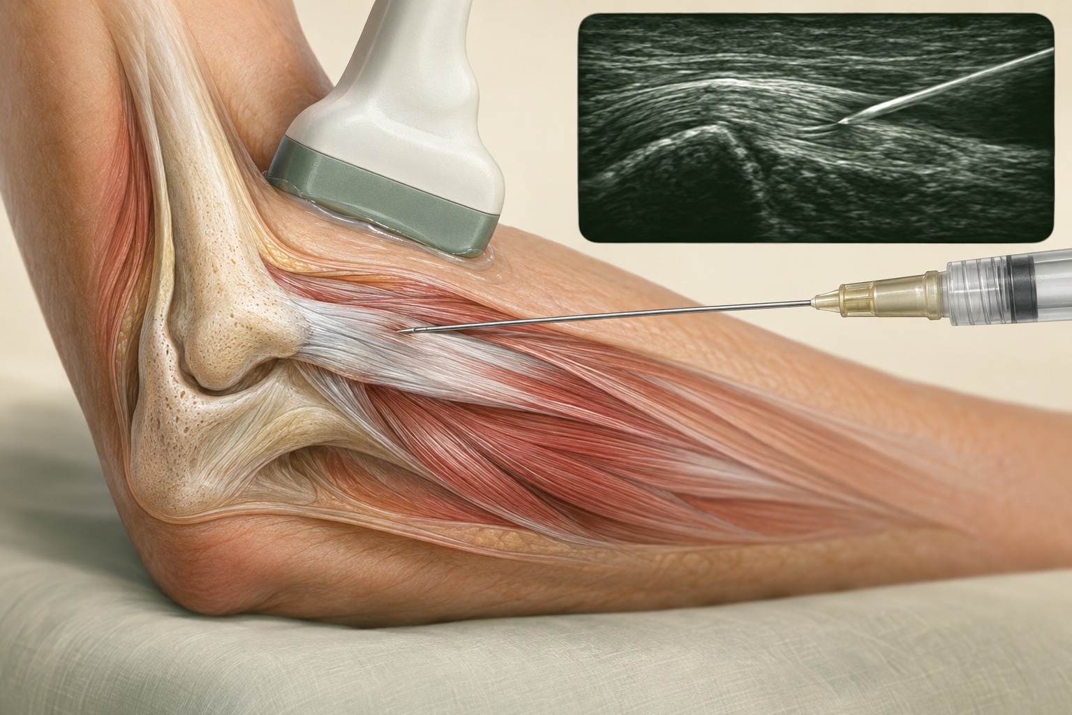 Medical illustration of an ultrasound-guided platelet-rich plasma injection target.