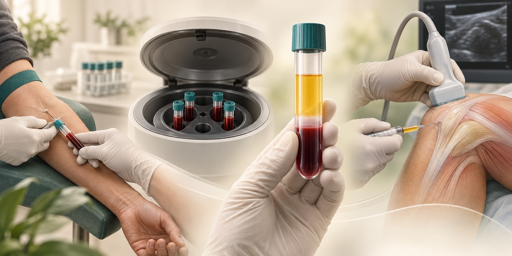 Medical illustration of the PRP process from blood draw and centrifuge preparation to the platelet-rich fraction and representative image-guided placement