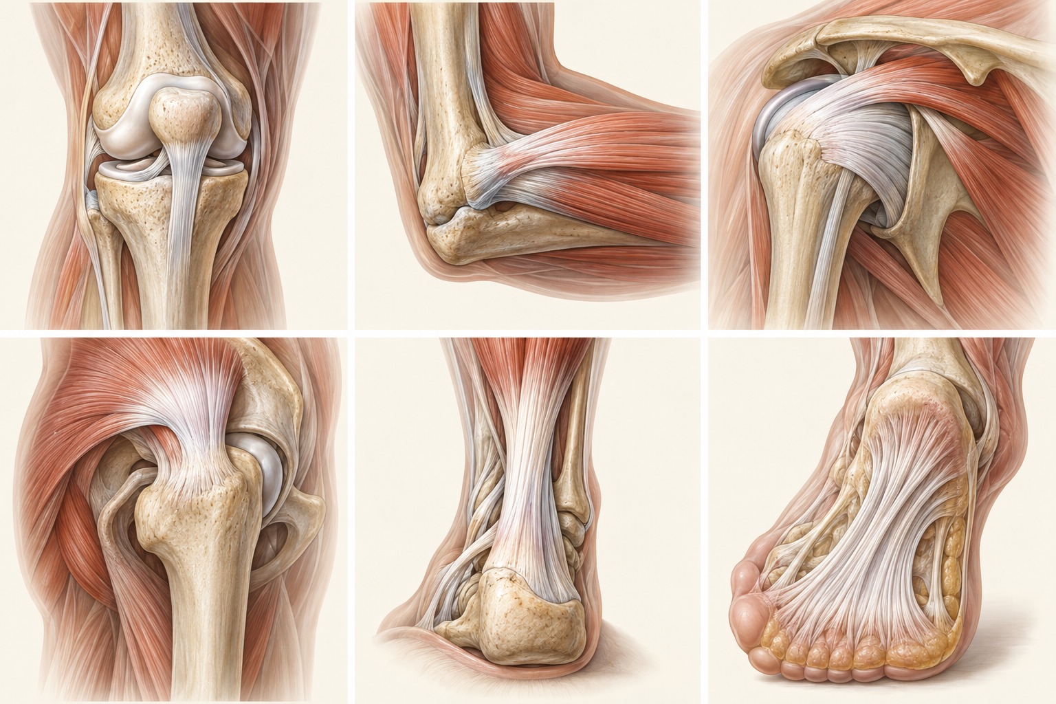 Six medical anatomy panels showing the knee joint, lateral elbow tendon, rotator cuff, lateral hip structures, Achilles tendon, and plantar fascia