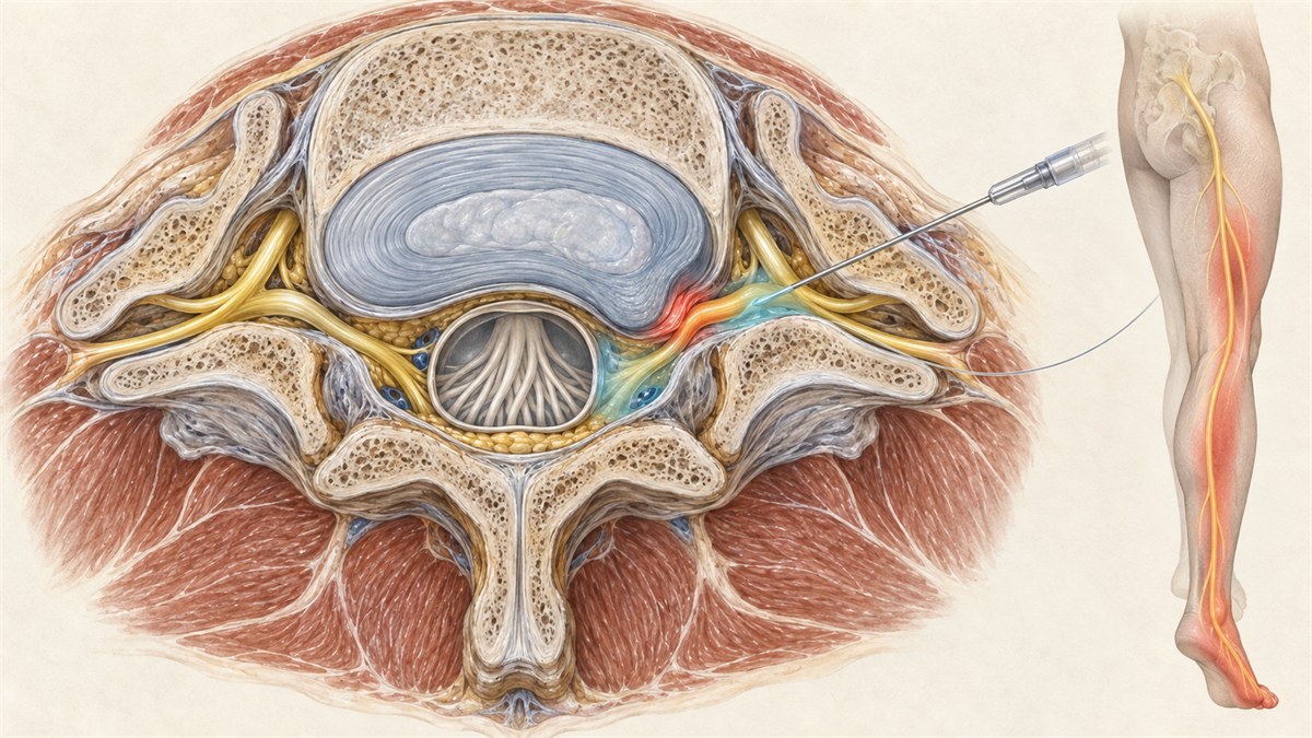 Axial lumbar illustration showing the epidural space, an irritated exiting nerve root, and a diagrammatic transforaminal medication path
