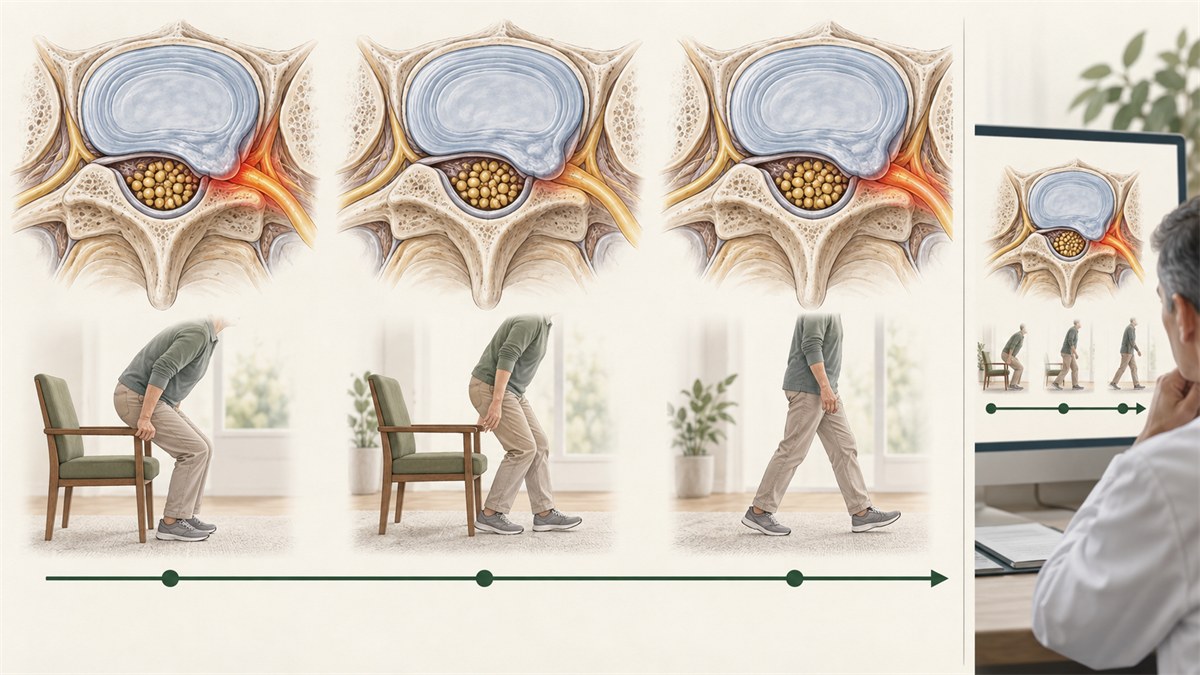 Medical illustration combining walking and daily-function observations, a response timeline, and clinical reassessment after an epidural injection