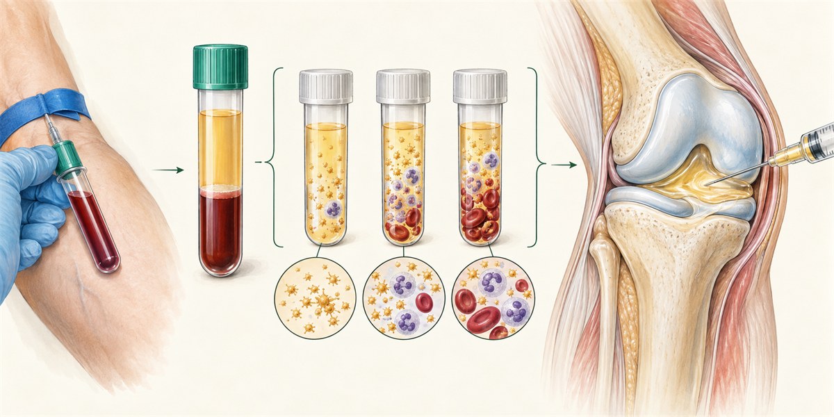 Medical illustration showing one blood sample yielding different PRP preparations considered for an intra-articular knee injection