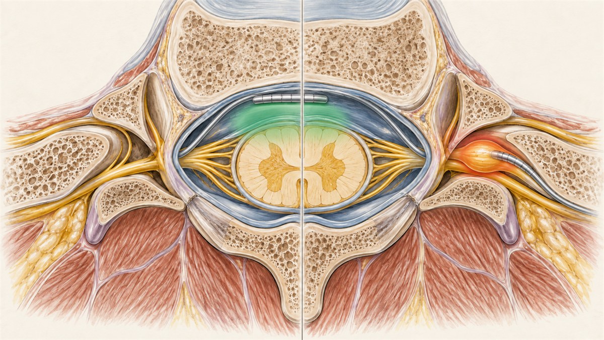 Paired axial spinal illustrations comparing a spinal cord stimulation lead with a dorsal root ganglion lead near the neural foramen