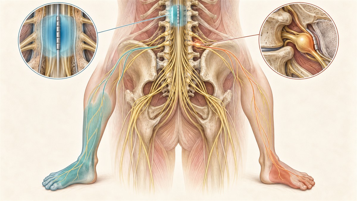 Conceptual comparison of broader and more focal lower-extremity pain patterns alongside SCS and DRG targeting